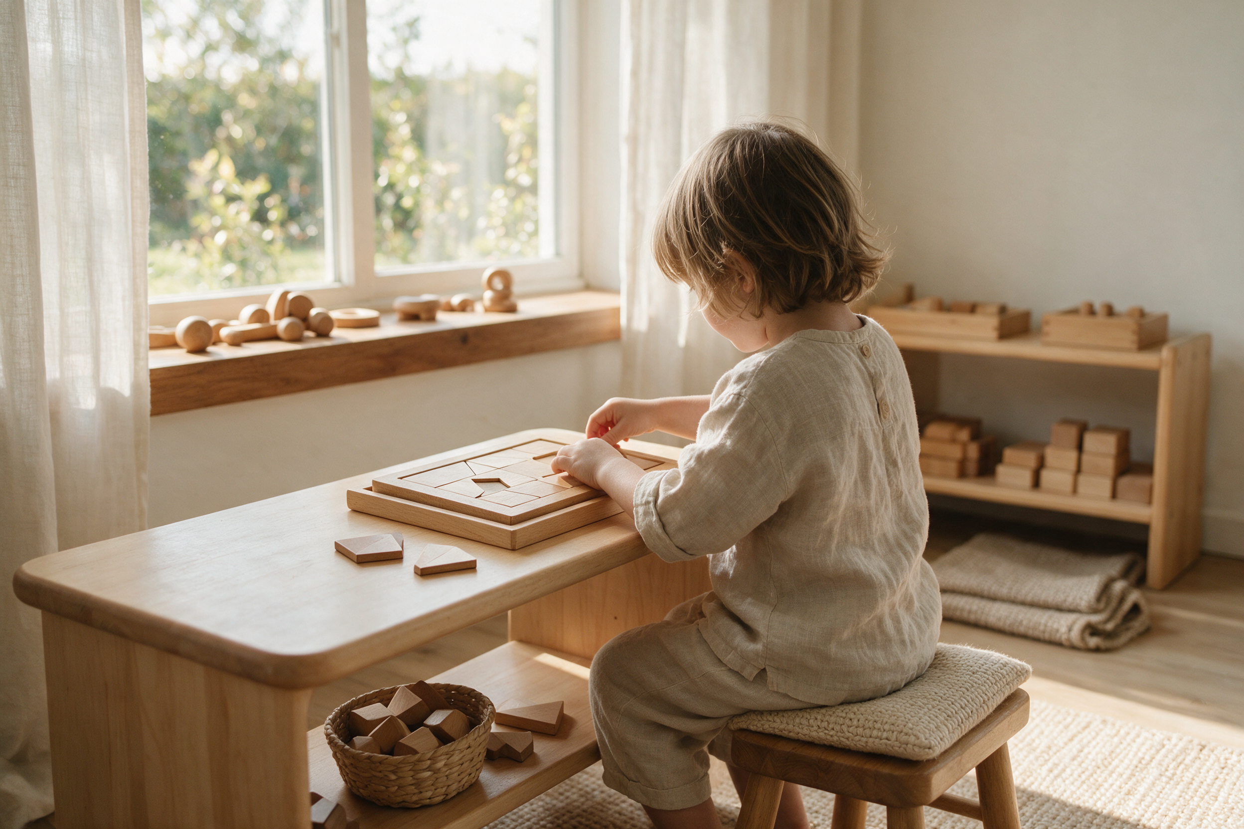 Fyraåring koncentrerar sig på ett träspel vid ett lågt Montessoribord