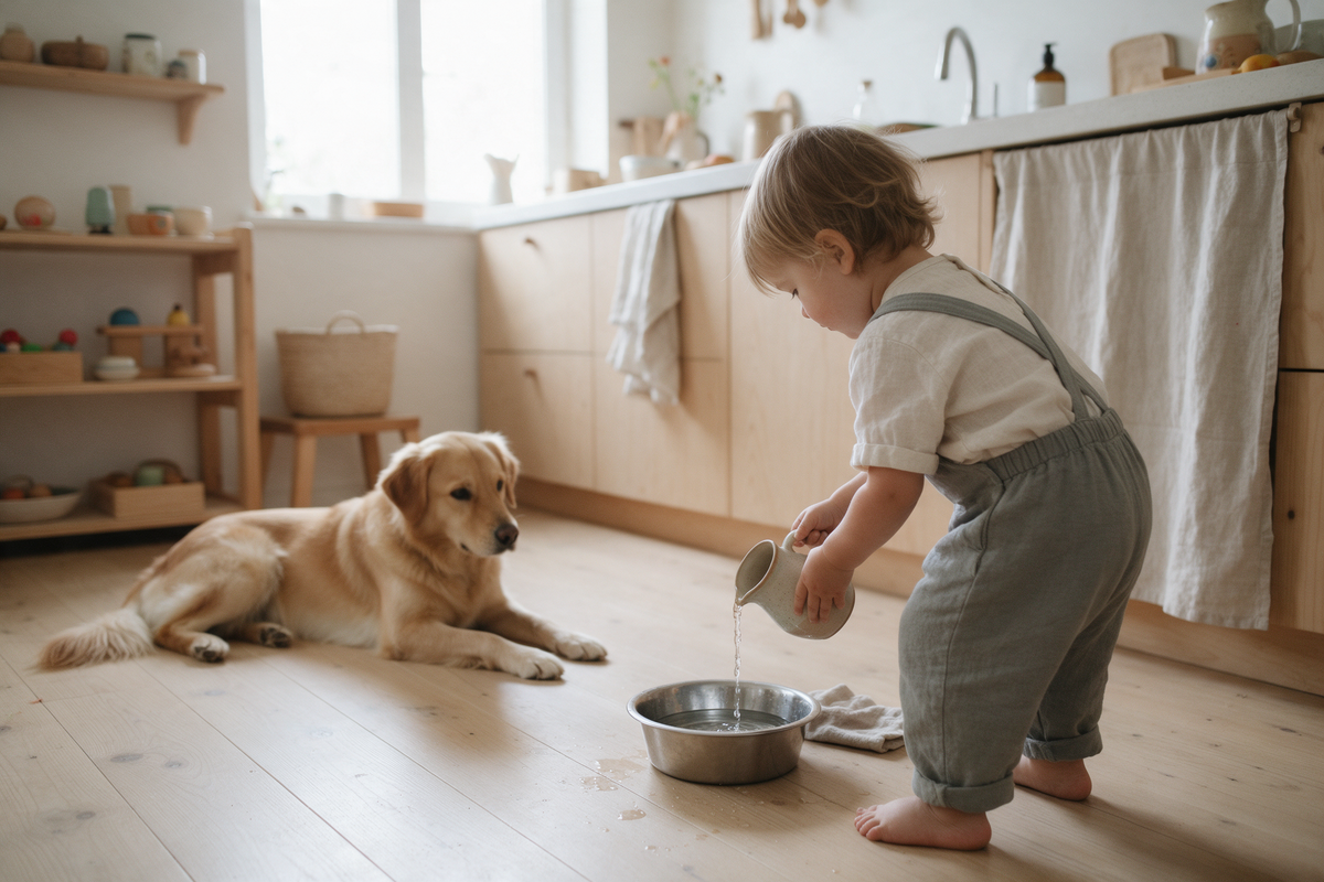 Småbarn häller vatten från en liten kanna i familjehundens vattenskål