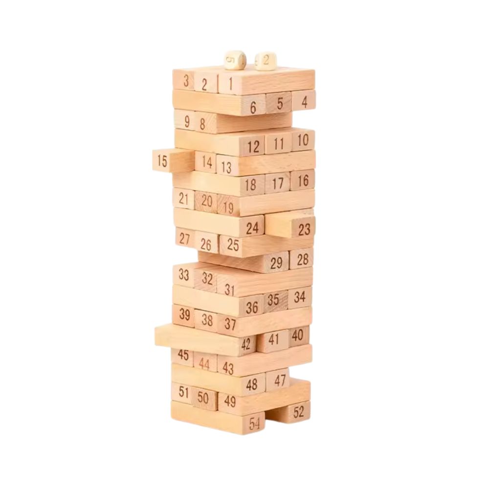 54pcs Wooden Numbered Building Blocks (Jenga) with 4 Dice