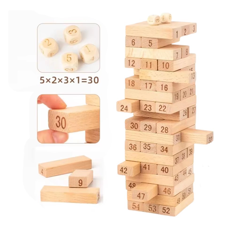 54pcs Wooden Numbered Building Blocks (Jenga) with 4 Dice